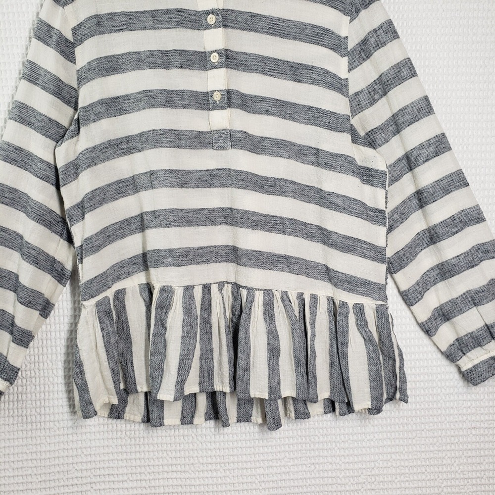 Lucky Brand Peplum Top Womens Medium White Striped Henley Boho Ruffle Western - Picture 15 of 16